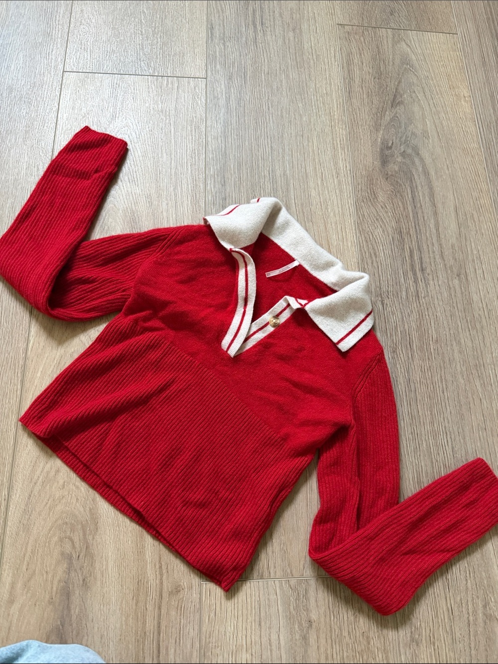 Free People Red Ribbed Polo-Style Women’s Sweater with Contrast Collar XS